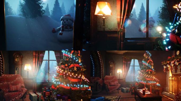 带有装饰的圣诞树和温暖的壁炉的节日圣诞节气氛。圣诞节和除夕概念。该动画非常适合节日，圣诞节和除夕背景