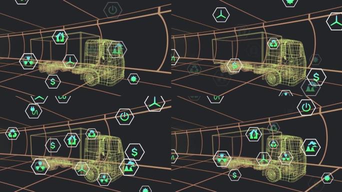 在黑色背景上移动的3d卡车模型上处理状态数据的图标动画