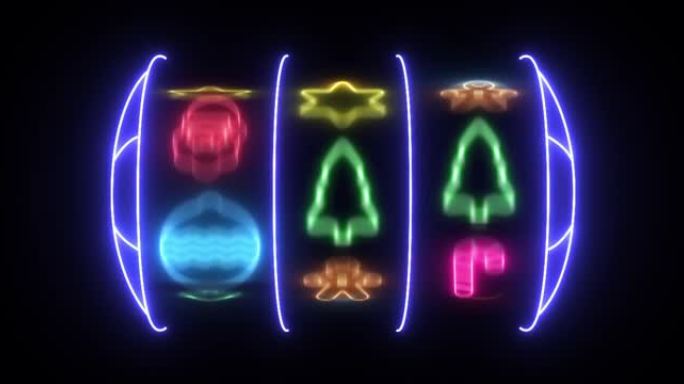 圣诞槽，霓虹灯动画。老虎机中的圣诞符号，4K。