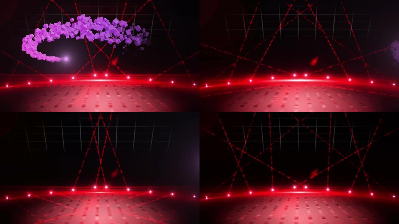 黑色空舞台上的紫色烟花动画与红色激光表演