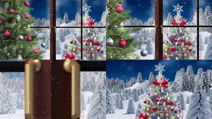 雪花落在圣诞树上的动画和透过窗户看到的冬季风景
