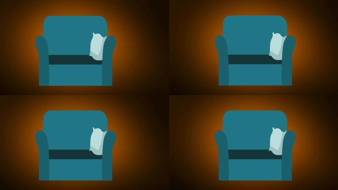 棕色背景上带坐垫的蓝色扶手椅插图动画