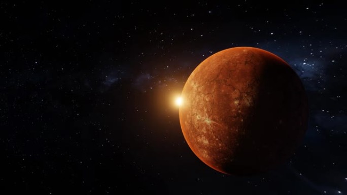 一颗与水星相似的红橙色行星，在太空中带有宇宙薄雾。星系。