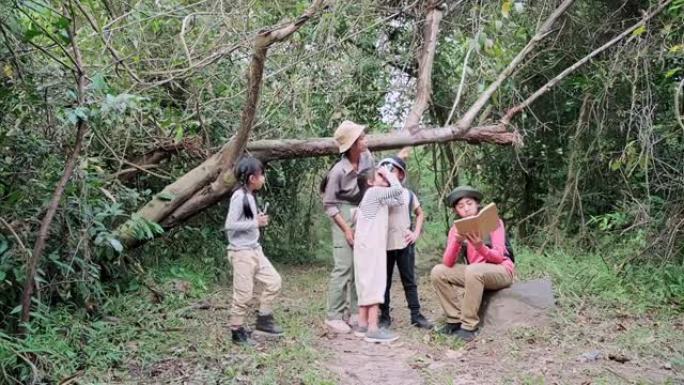 6-12岁的教师和男女学生在热带森林组织了实地考察。