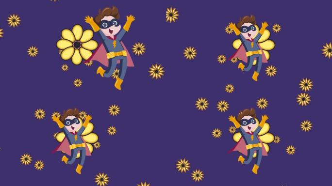 紫色背景上黄色花朵上超级英雄服装快乐男孩插图动画