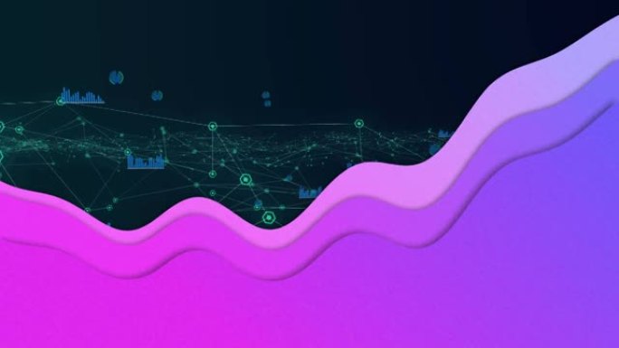 紫色波浪上带有数字图标的连接网络动画