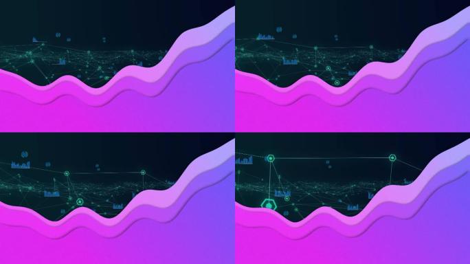 紫色波浪上带有数字图标的连接网络动画