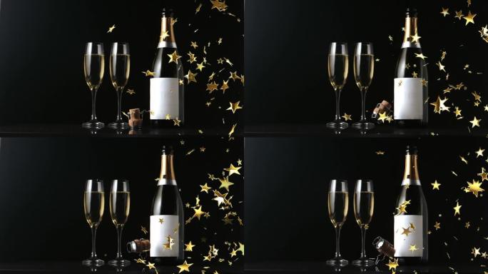 黑色背景上漂浮在瓶子和香槟酒杯上的星星的动画