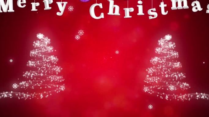 杉树动画，圣诞快乐，飘雪，红色背景上的树