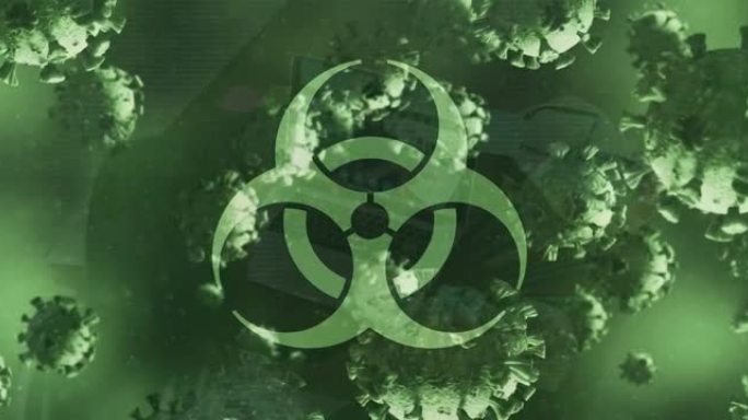 生物危害标志和covid 19细胞漂浮在绿色背景上的动画