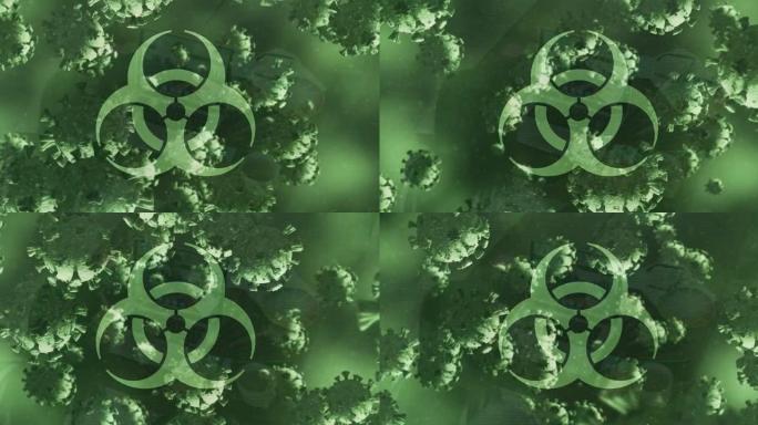 生物危害标志和covid 19细胞漂浮在绿色背景上的动画