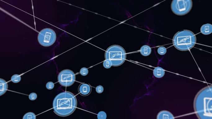 紫色烟雾轨迹上带有数字图标的连接网络动画