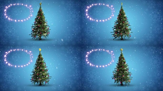 蓝色背景下飘落在圣诞树上的雪花装饰闪亮的灯光