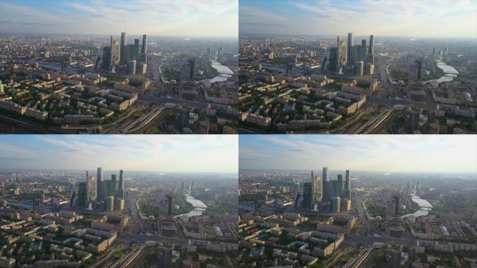 俄罗斯阳光明媚的日落莫斯科现代城市交通环路空中全景4k