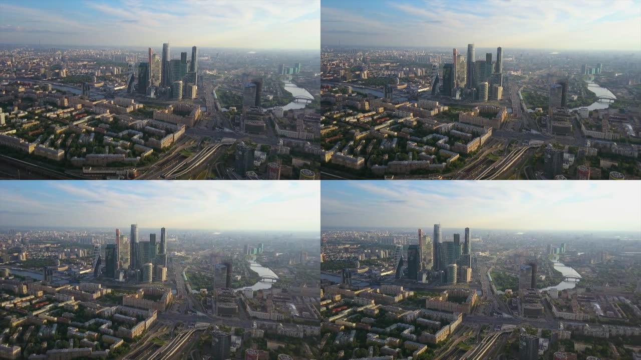俄罗斯阳光明媚的日落莫斯科现代城市交通环路空中全景4k