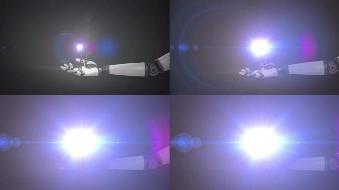 黑暗背景下扩展机械臂手上的光球动画