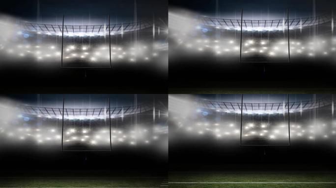 晚上在泛光灯体育场的美式足球门柱动画