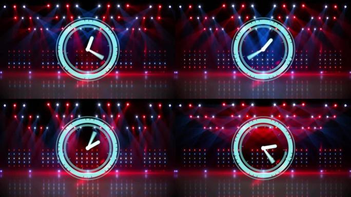 带有红色和蓝色聚光灯的空会场舞台上的时钟面处理扫描仪动画