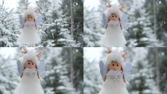 白雪天使。圣诞象征。圣诞节和新年时间。圣诞象征。降雪。雪仙子。圣诞树玩具。