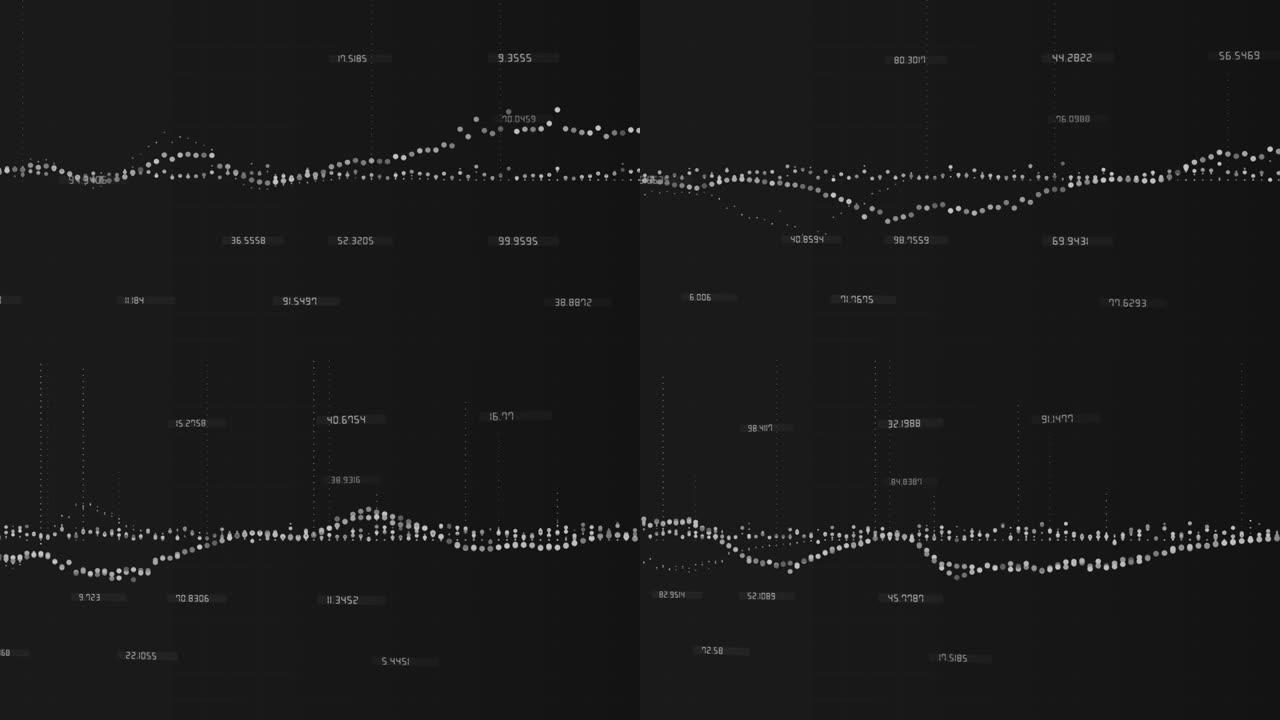 股票市场指数屏幕商品股票行情饲料新闻板线在黑暗的背景，新的优质金融业务动画动态动态视频帧，增加，减少