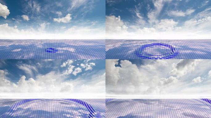 未来的背景，包括蓝天上白色蓬松云的延时剪辑及其反射