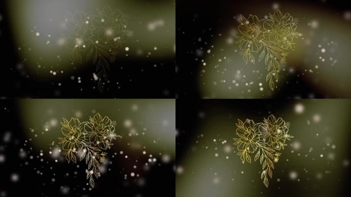 黑色背景上的金色花朵和闪烁的仙女灯的动画