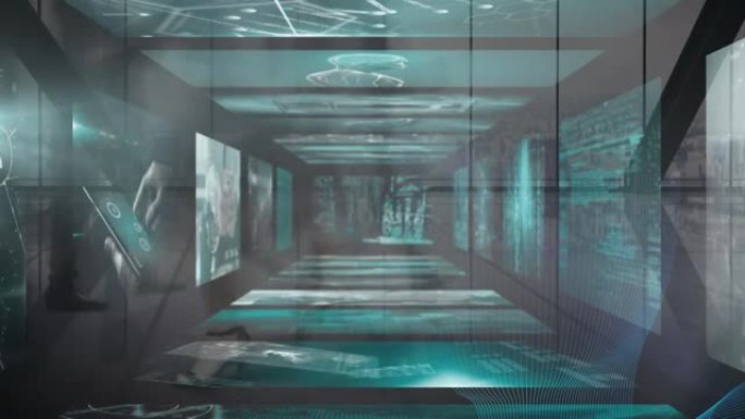 快速行走的行人屏幕上的数据处理动画