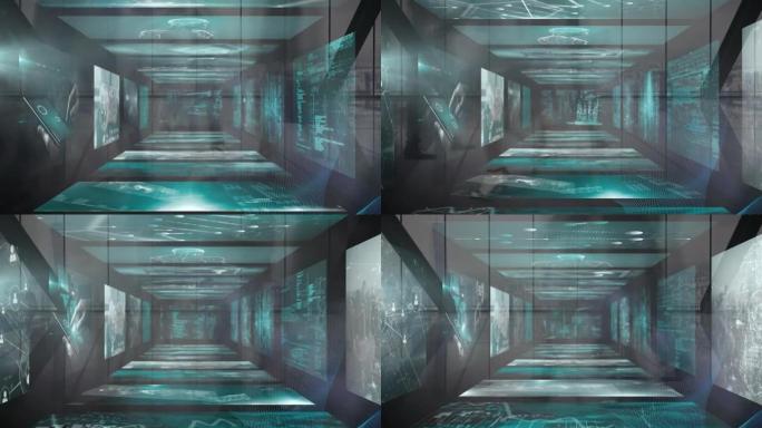 快速行走的行人屏幕上的数据处理动画