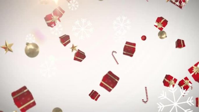 雪花和多个圣诞节概念图标落在灰色背景上的光斑上