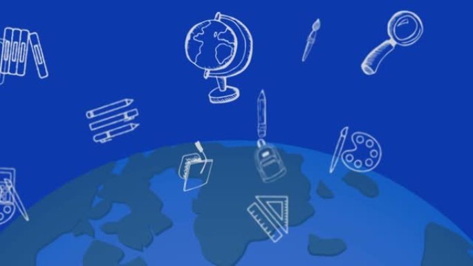 学校图标的动画漂浮在蓝色地球和蓝色背景上