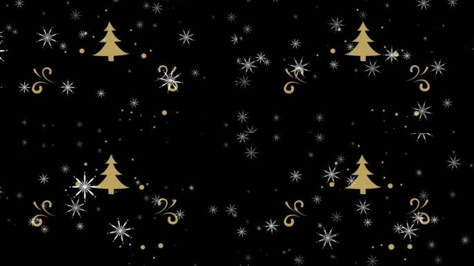 黑色背景上的金色圣诞树和白色雪花的动画