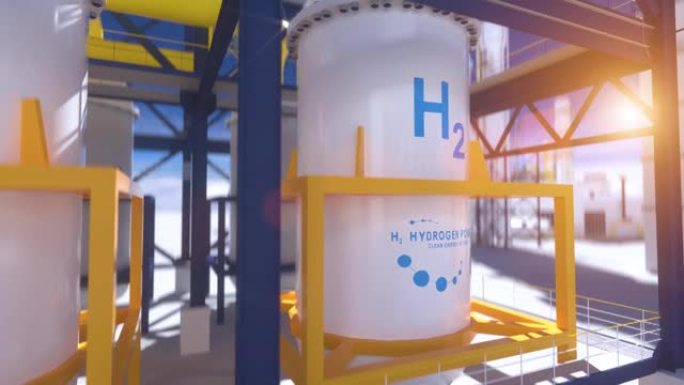 H2氢可再生能源生产-清洁电力用氢气太阳能和风力涡轮机设施。