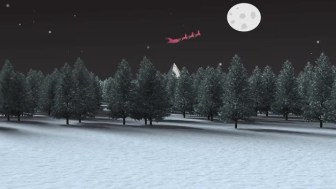 雪橇上的圣诞老人被驯鹿拉着，在夜空中，冬天的风景对着月亮