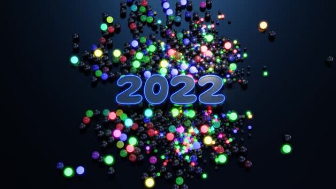 循环新年bg。数字2022和圣诞花环的球或球体散落在平面上，它们点亮多色并形成美丽的图案。带霓虹灯的