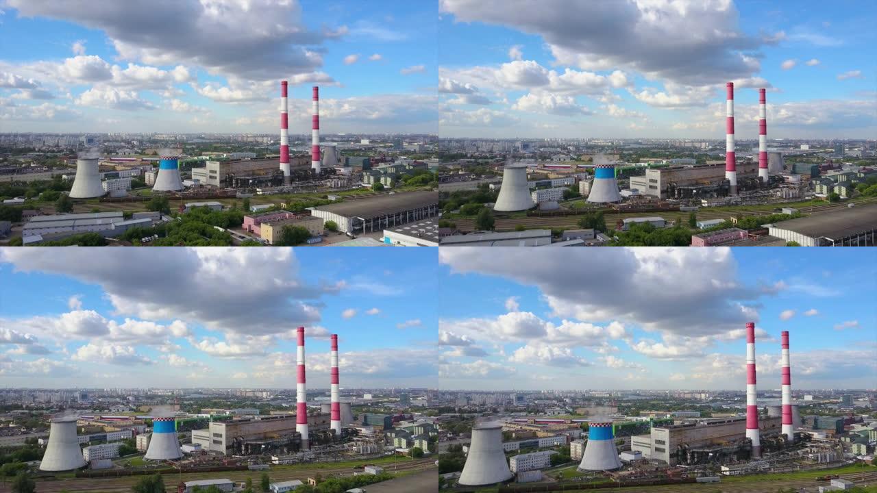 俄罗斯晴天莫斯科工业工厂管城市景观空中全景4k
