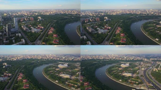 俄罗斯莫斯科日落之光大学区麻雀山航空全景4k