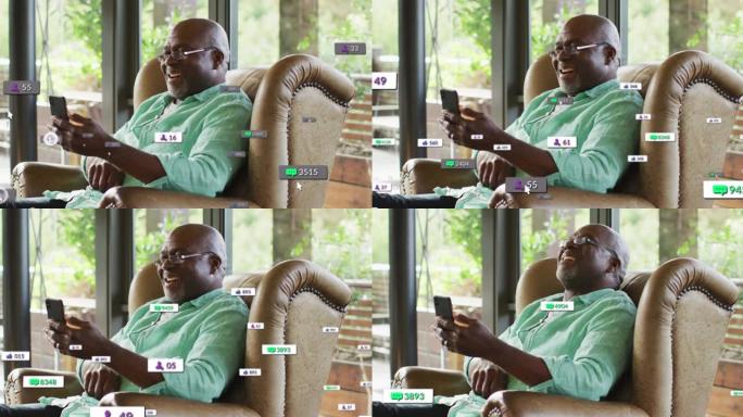 使用智能手机在快乐的非洲裔美国人上播放媒体图标的动画