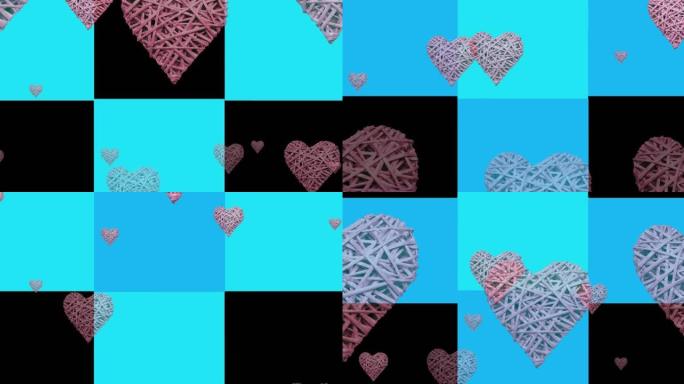 粉红色的心在蓝色和黑色背景上移动的动画