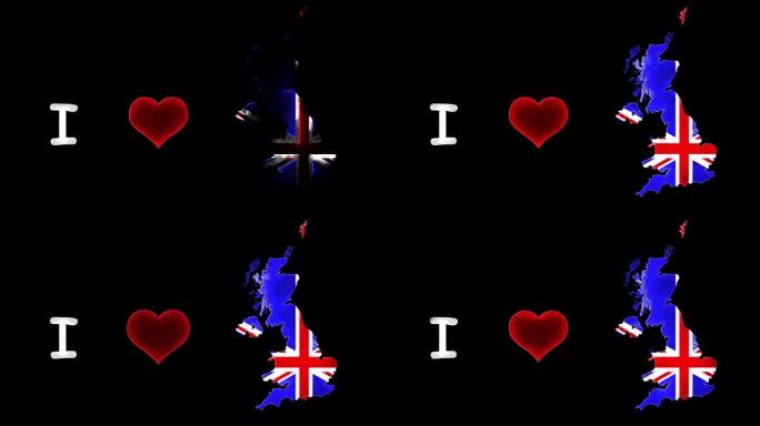 我喜欢有红色心跳的英国动画。喜欢英国。图标旗帜，国家爱视频。