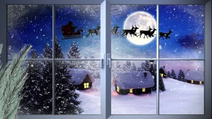 木制窗框和树枝抵御雪落在夜空的冬季景观