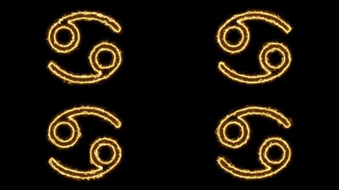 巨蟹座的生肖与火动画在黑色的背景。占星术图标。
