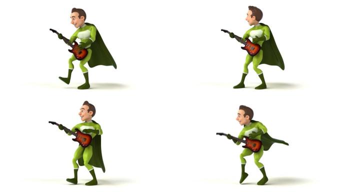 有趣的3D卡通超级英雄与吉他