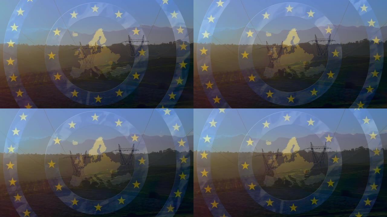 来自欧盟国旗的星星的动画和野外电力塔架上的地图
