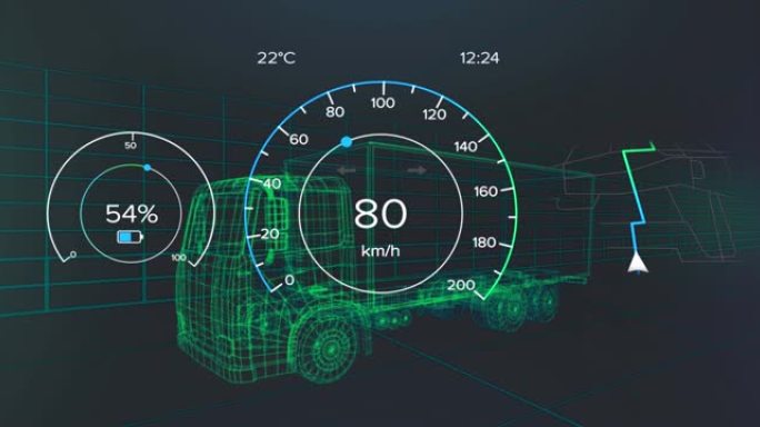 车辆接口上的速度计，gps和充电状态数据的动画，通过3d卡车模型