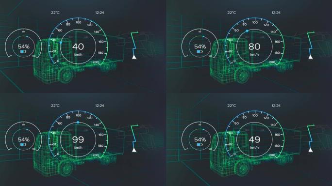 车辆接口上的速度计，gps和充电状态数据的动画，通过3d卡车模型
