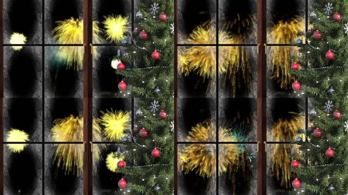 圣诞树和烟花在夜空中爆炸的窗户动画