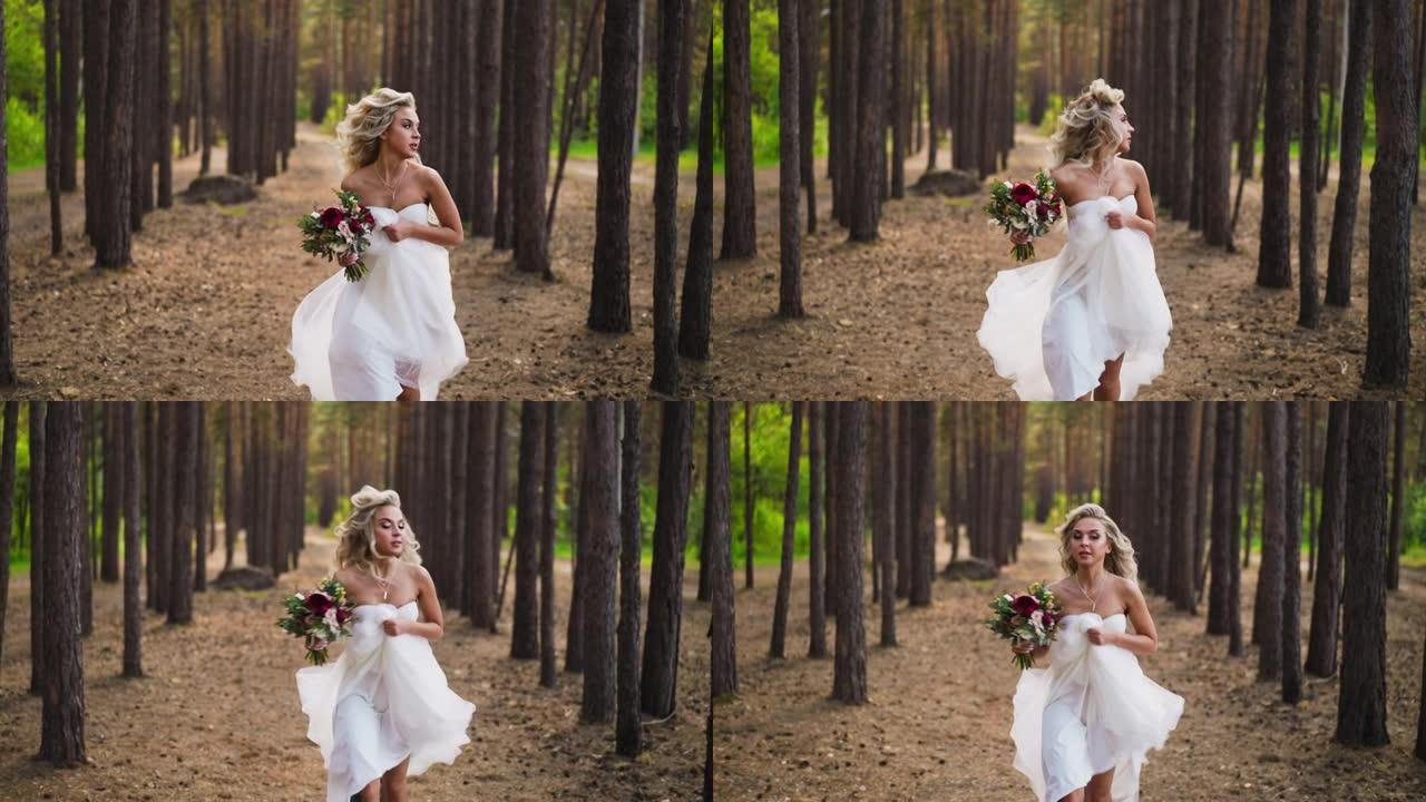 新娘穿着花束在木头上回望