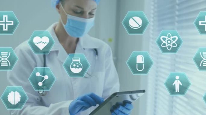 医院使用平板电脑在面罩上移动的蓝色医学图标的动画
