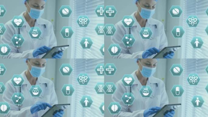医院使用平板电脑在面罩上移动的蓝色医学图标的动画