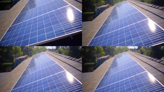 屋顶上的太阳能电池板模块，带有阳光反射库存视频